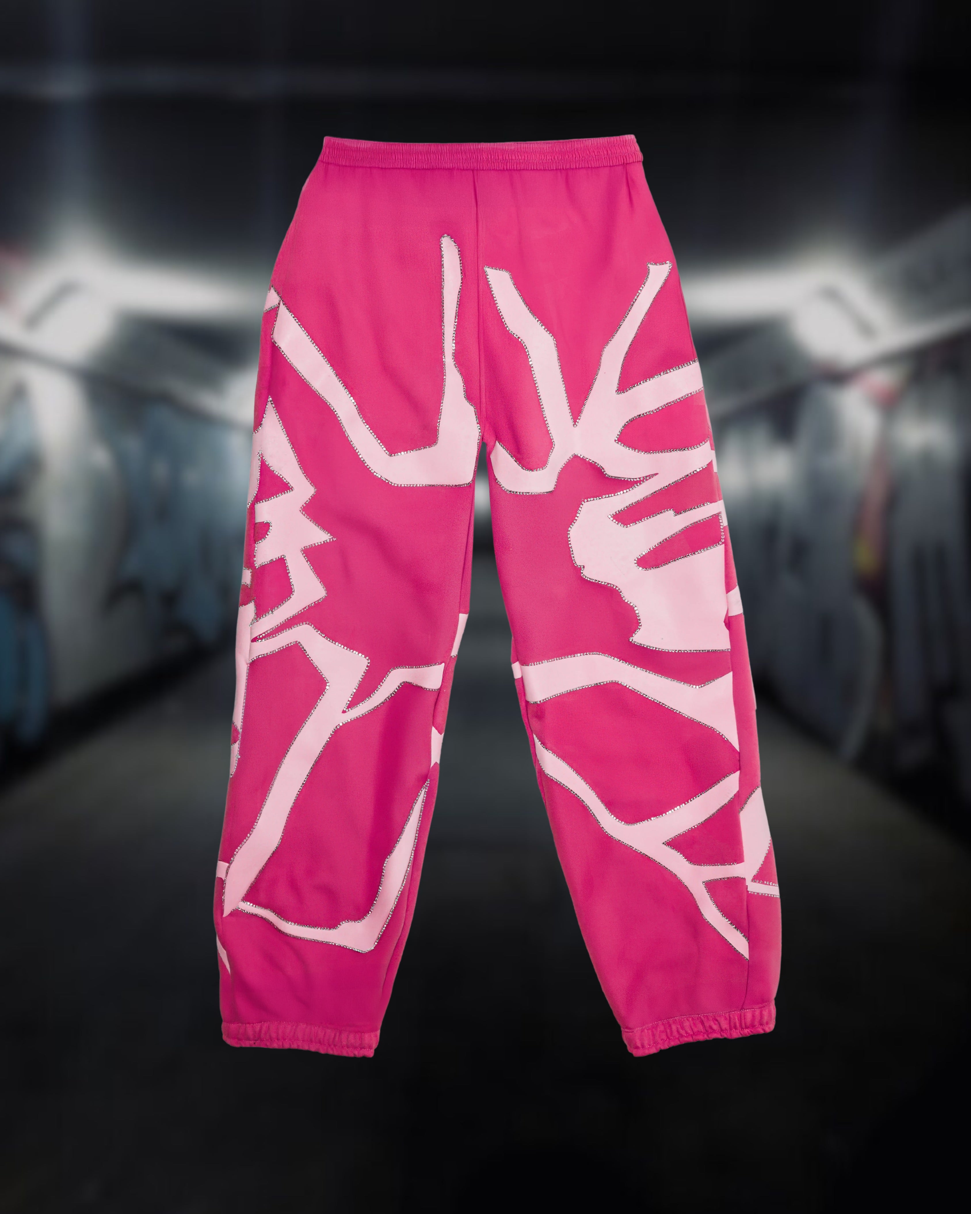 Fallen” Pink Puff Print Rhinestone Sweatpants – ICARUS