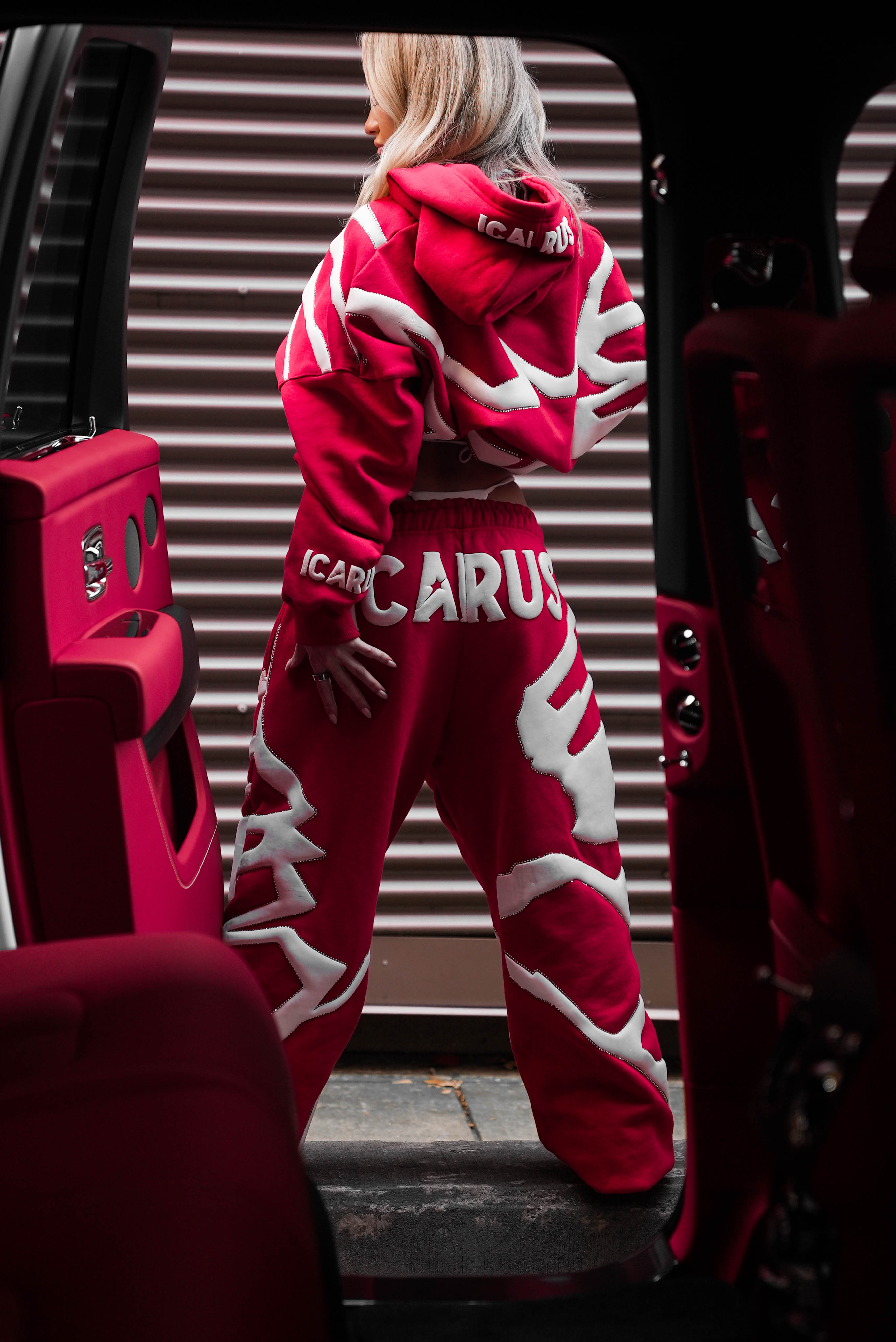 "Fallen" Red & White Puff Print Rhinestone Sweatpants