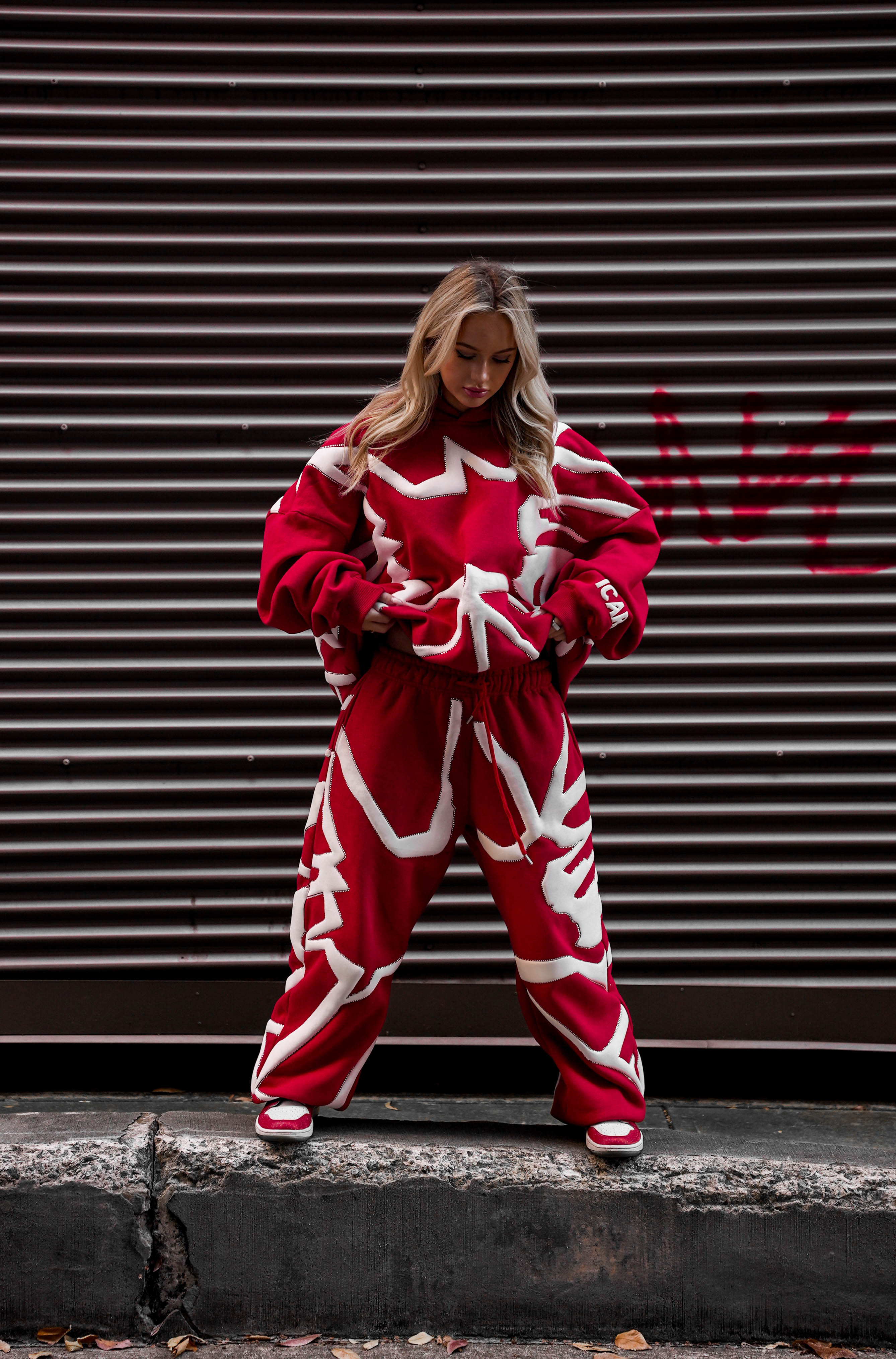 "Fallen" Red & White Puff Print Rhinestone Sweatshirt