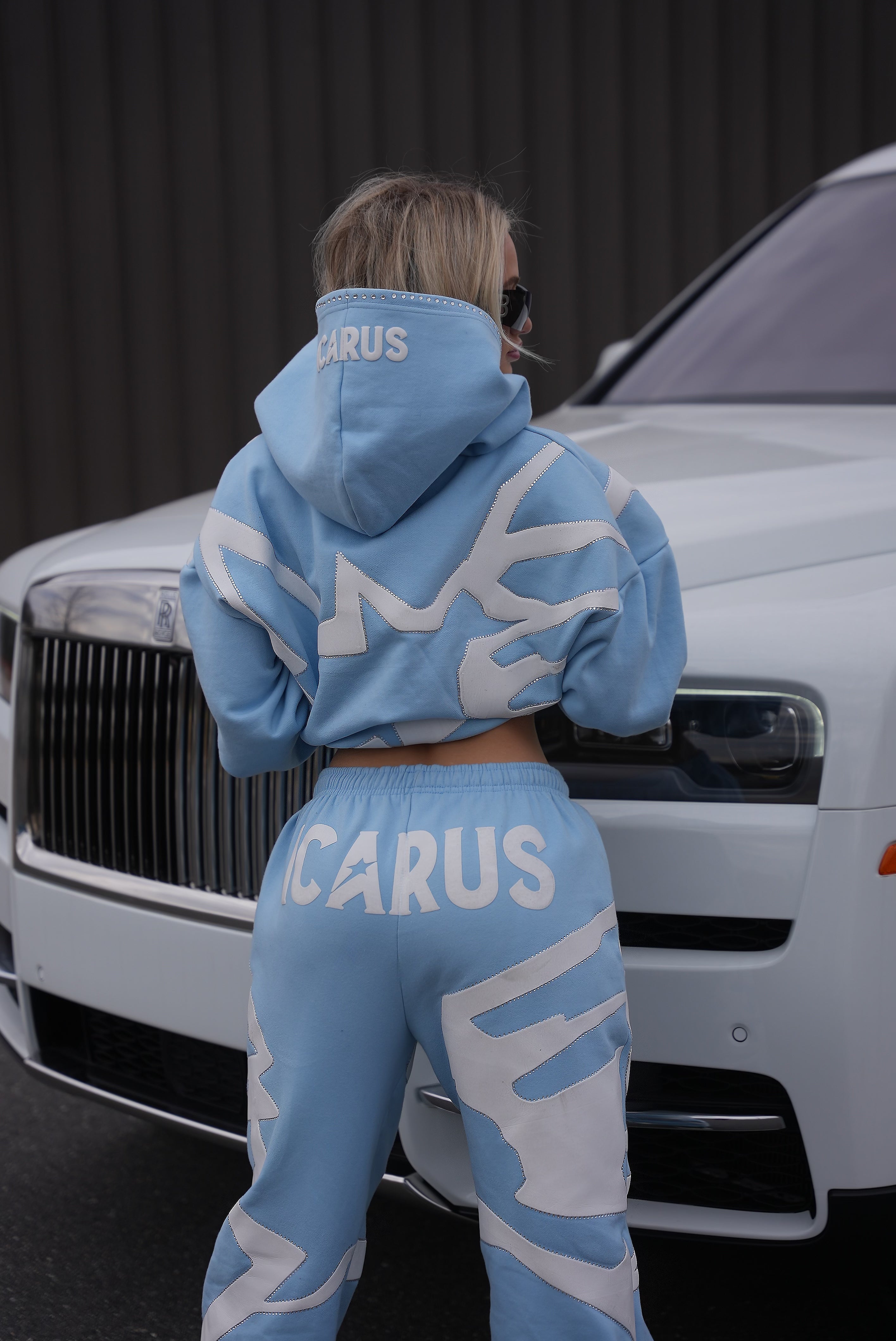 “Fallen” Blue & White Puff Print Rhinestone Sweatpants