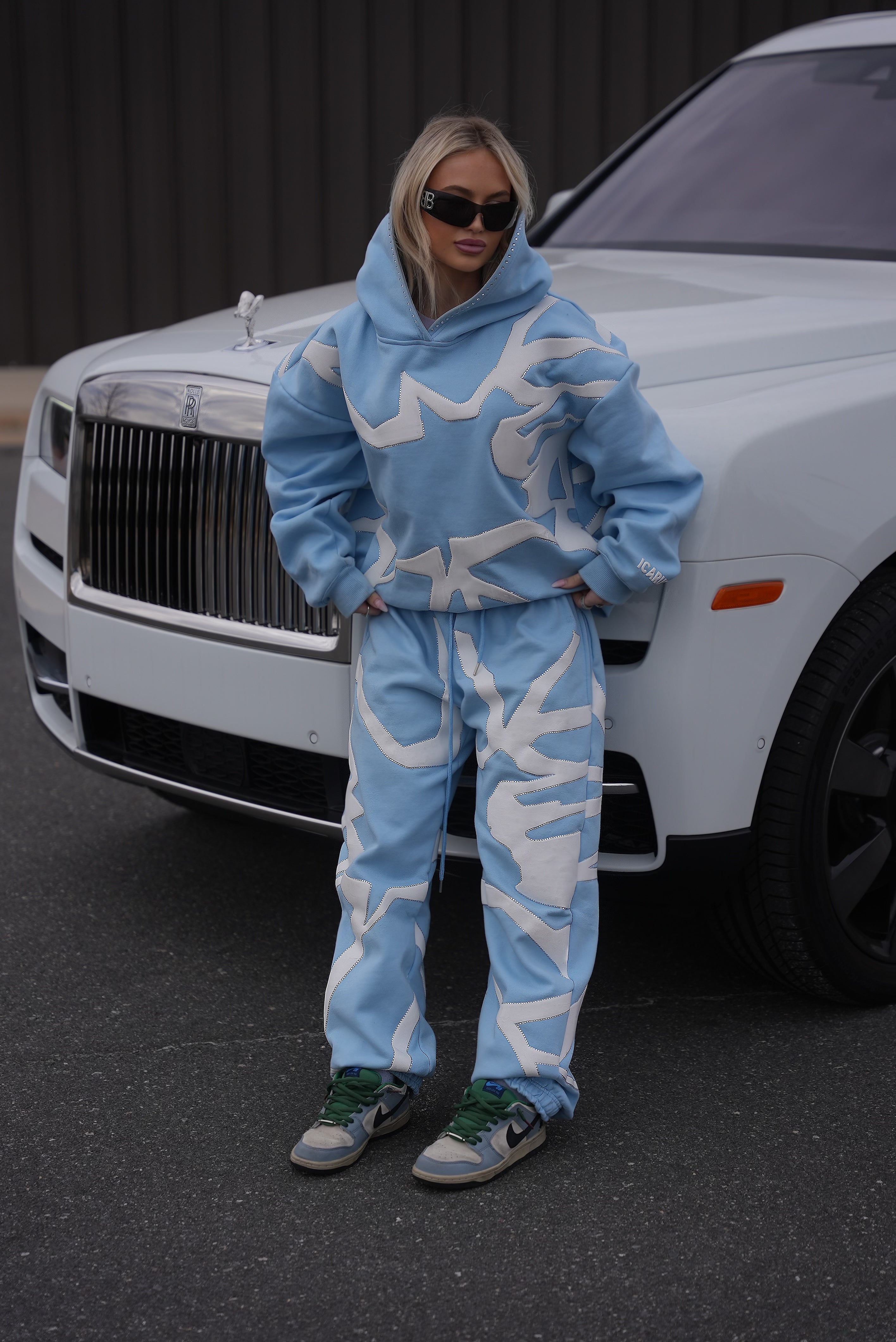 “Fallen” Blue & White Puff Print Rhinestone Sweatpants