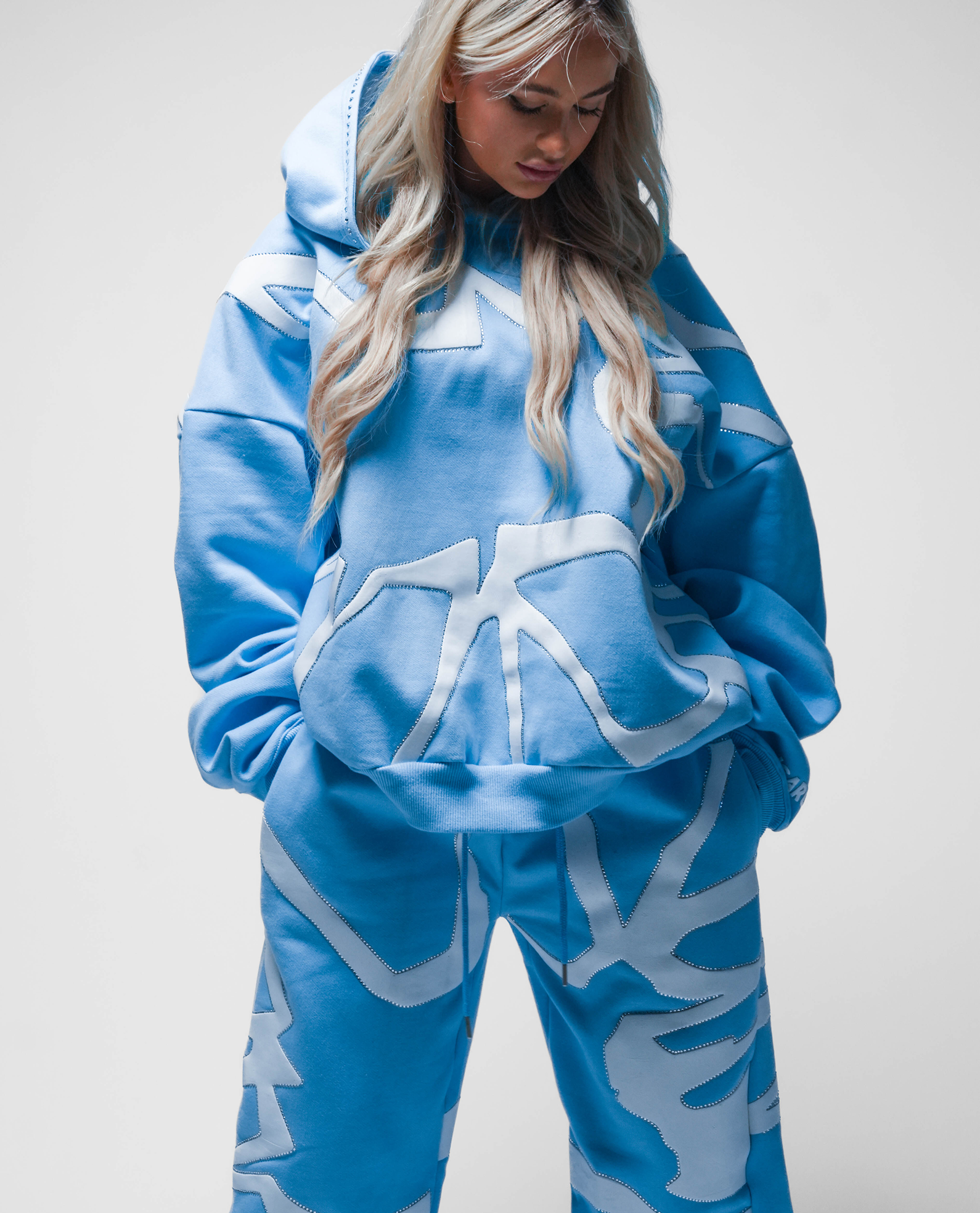 “Fallen” Blue & White Puff Print Rhinestone Sweatpants