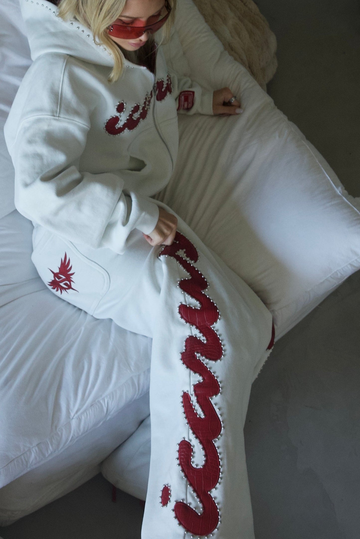 Red Crocodile Studded Sweatpants