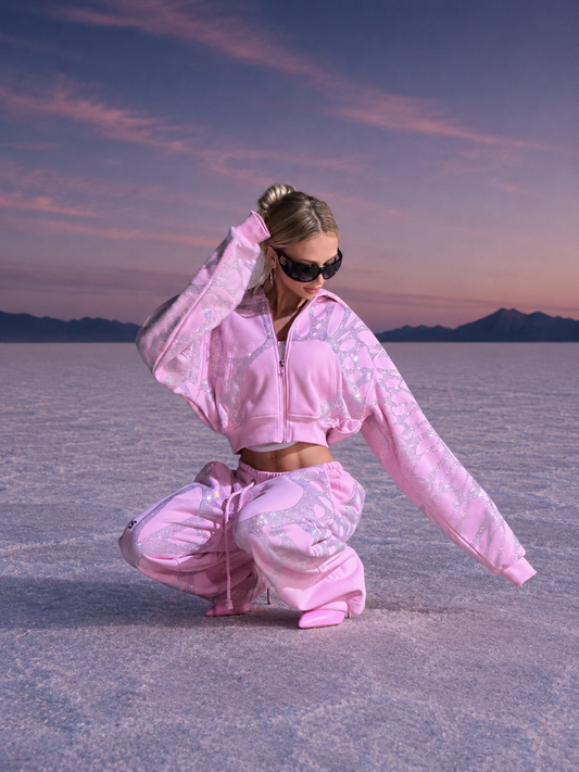 Sudadera corta con capucha Ascent con pedrería - ROSA