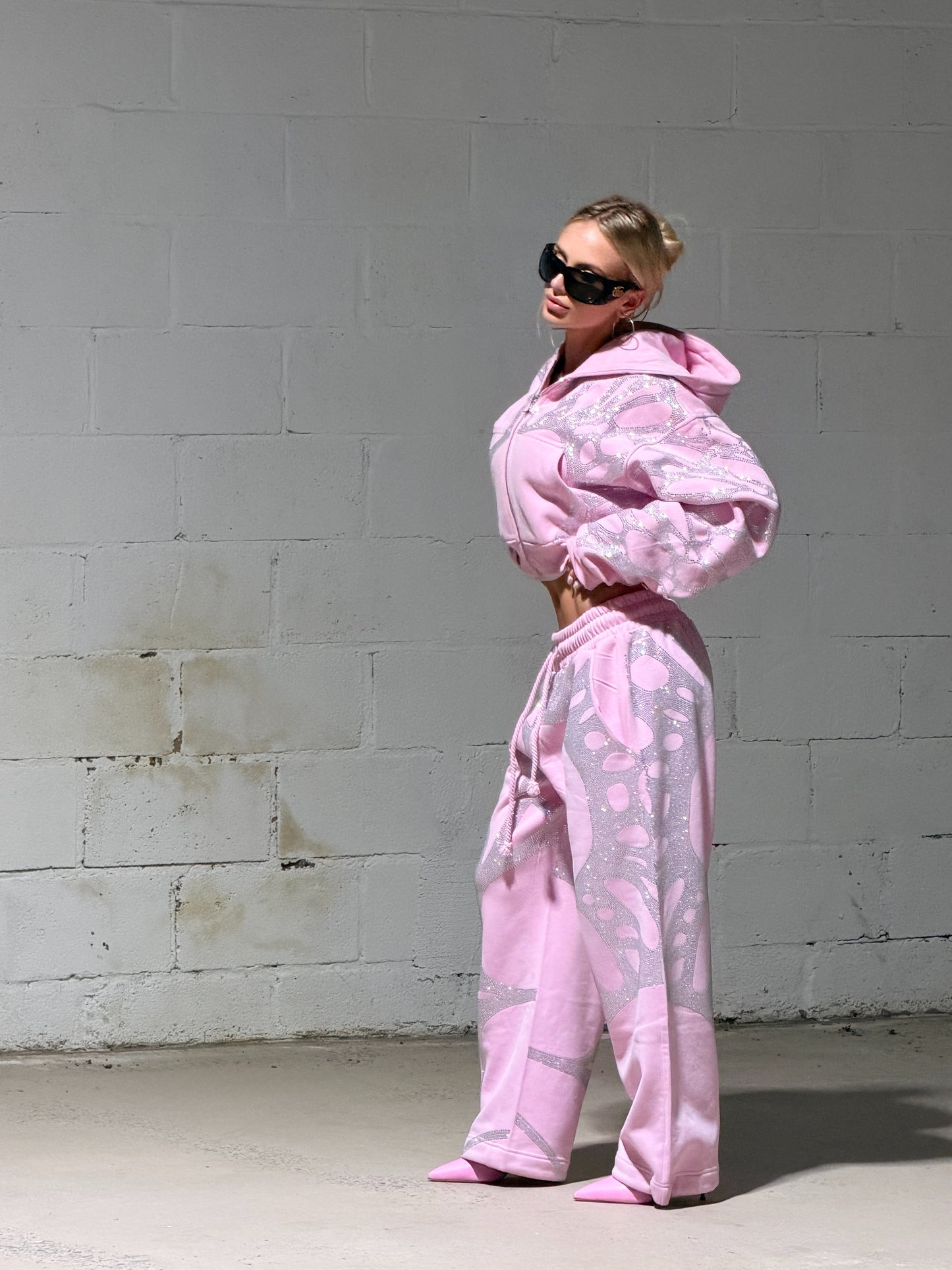 Ascent Rhinestone Cropped Hoodie - PINK