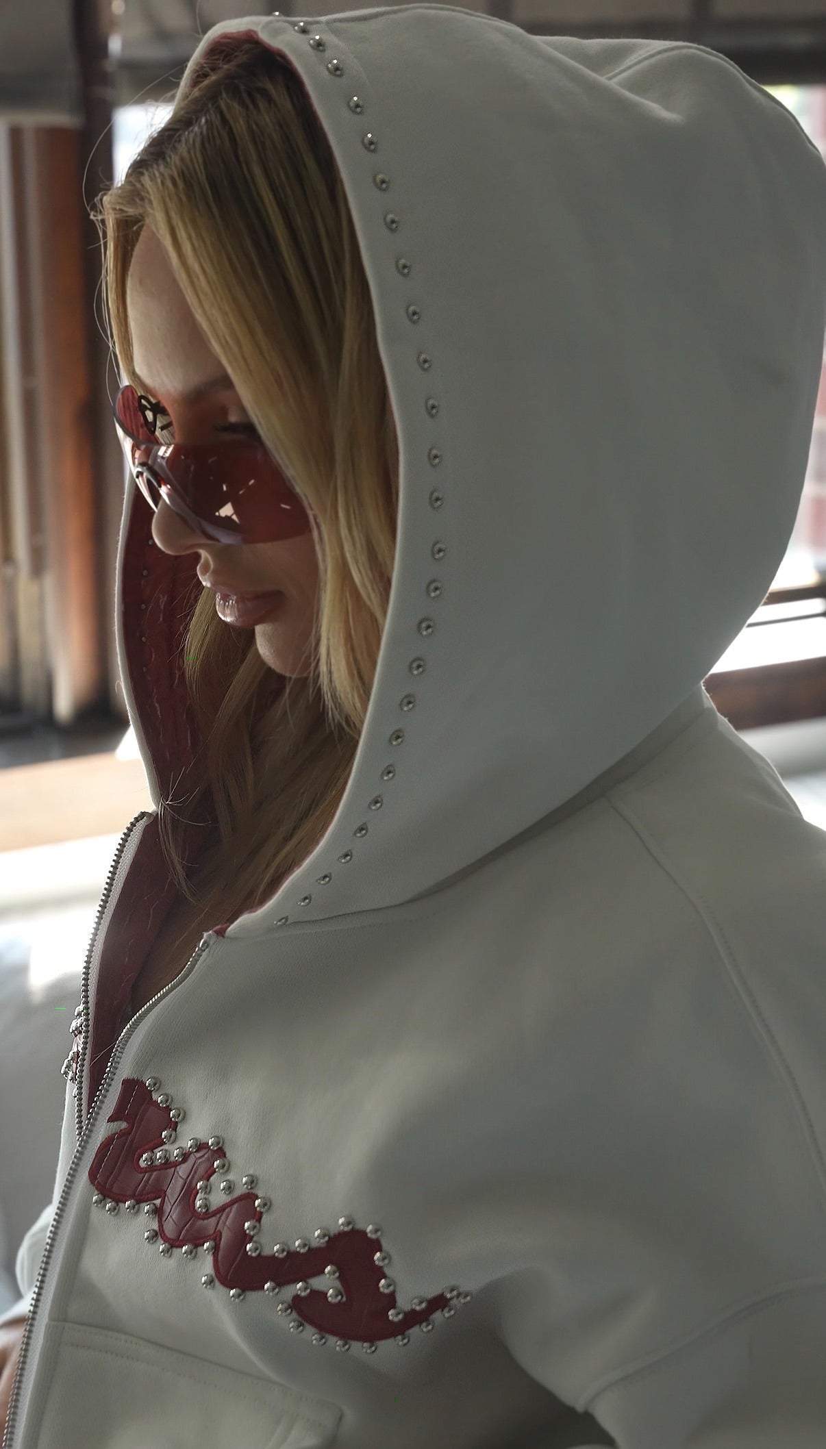 Red Crocodile Studded Cropped Zip-Up Hoodie