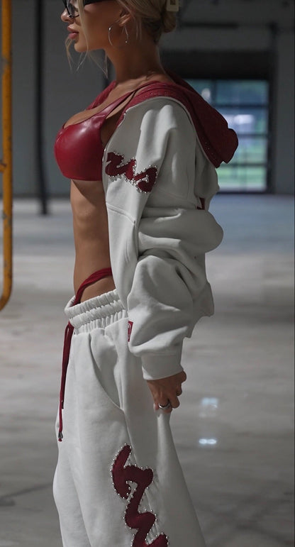 Red Crocodile Studded Cropped Zip-Up Hoodie