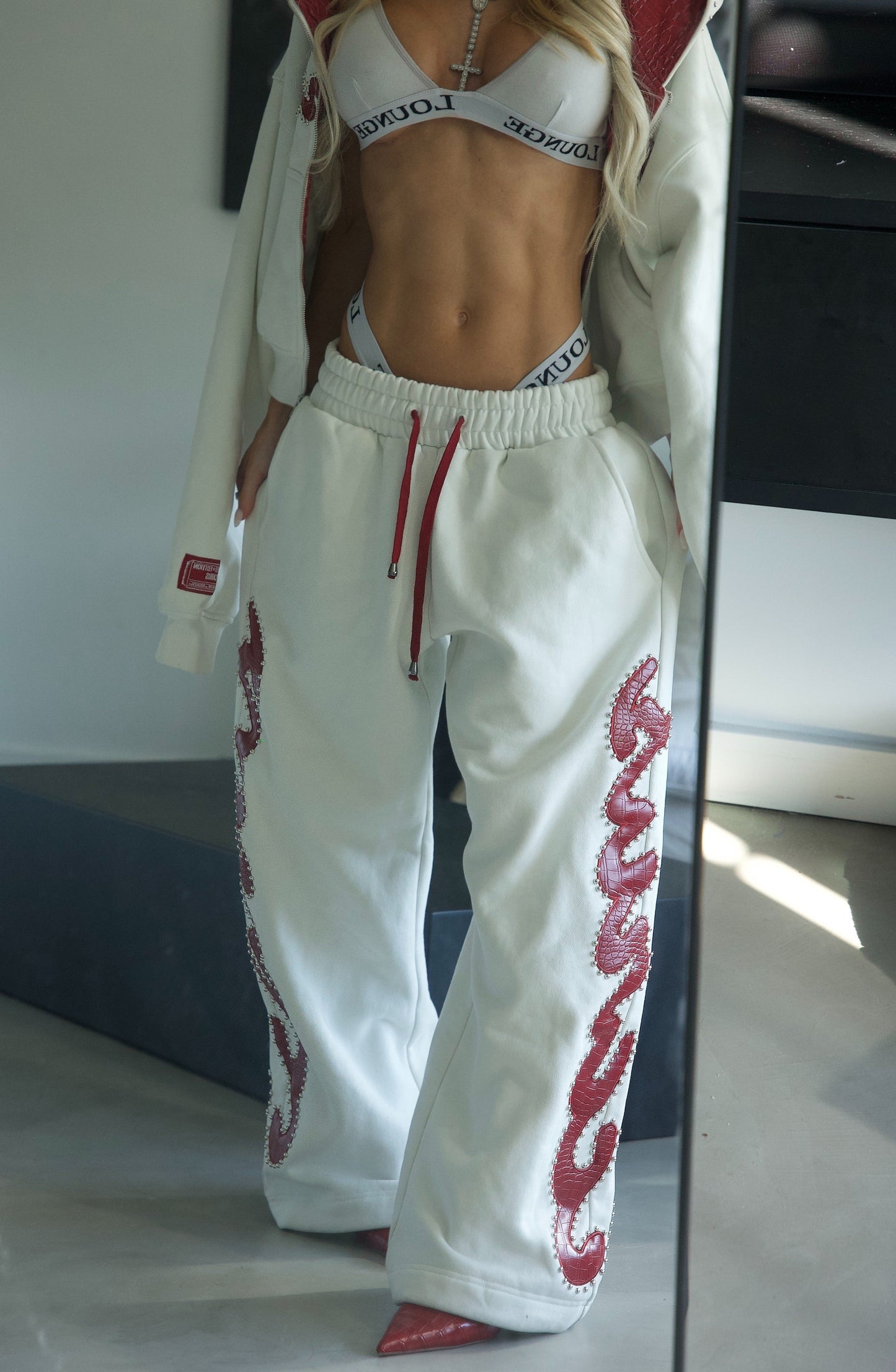 Red Crocodile Studded Sweatpants