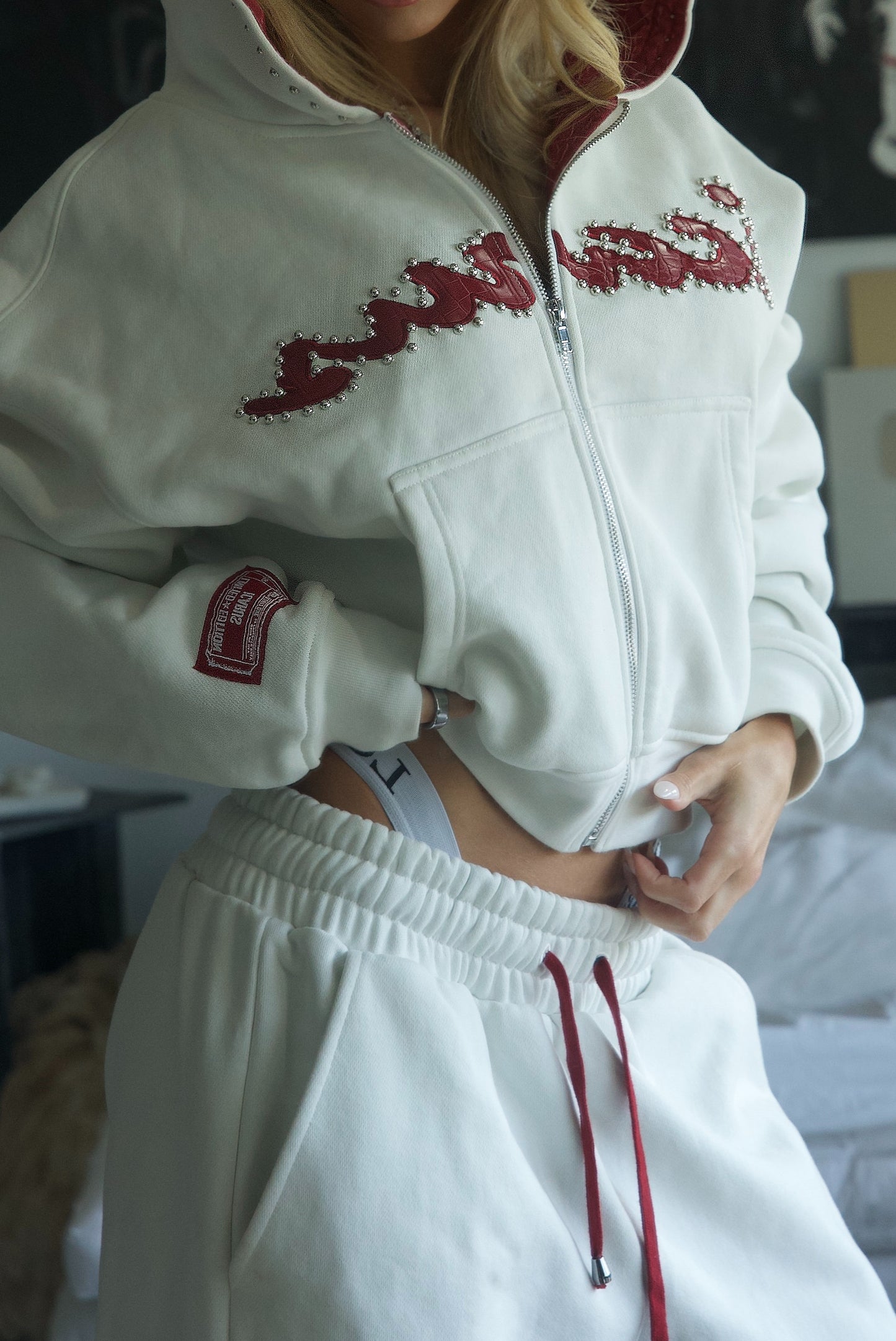 Red Crocodile Studded Cropped Zip-Up Hoodie